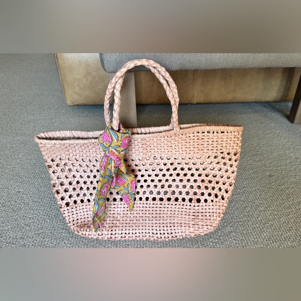 Anthroplogie Unique Pink Woven Leather Tote Bag with Floral Scarf, Never Used